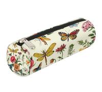 Dusviba Astuccio cilindrico rotondo con fiori retrò, libellule e farfalle, portapenne, portatile, multiuso, per cancelleria, cosmetici, da viaggio, con cerniera, per bambini, adolescenti, adulti