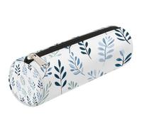 Dusviba Astuccio cilindrico rotondo con foglie blu e verdi acquerello, portapenne portatile, multiuso, per cancelleria, cosmetici, da viaggio, con cerniera, per bambini, adolescenti, adulti