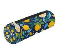 Dusviba Astuccio cilindrico rotondo con foglie di limone, design cartone animato, portapenne, multiuso, per cancelleria, cosmetici, da viaggio, con cerniera, per bambini, adolescenti, adulti
