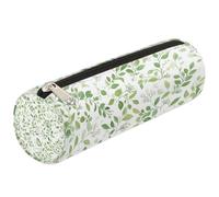 Dusviba Astuccio cilindrico rotondo con foglie verdi ad acquerello, portapenne, portatile, multiuso, per cancelleria, cosmetici, da viaggio, con cerniera, per bambini, adolescenti, adulti