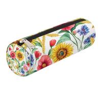 Dusviba Astuccio cilindrico rotondo con girasoli, papaveri, fiordalisi, portapenne, portatile, multiuso, per cancelleria, cosmetici, da viaggio, con cerniera, per bambini, adolescenti, adulti