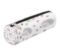 Dusviba Astuccio cilindrico rotondo con motivo a cuore e riccio, portapenne, portatile, multiuso, per cancelleria, cosmetici, da viaggio, con cerniera, per bambini, adolescenti, adulti