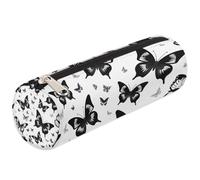 Dusviba Astuccio cilindrico rotondo con motivo a farfalla, nero, portapenne, portatile, multiuso, per cancelleria, cosmetici, da viaggio, con cerniera, per bambini, adolescenti, adulti