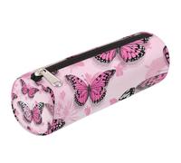Dusviba Astuccio cilindrico rotondo con motivo a farfalla rosa, portapenne, portatile, multiuso, per cancelleria, cosmetici, da viaggio, con cerniera, per bambini, adolescenti, adulti