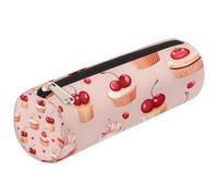 Dusviba Astuccio cilindrico rotondo con motivo a torta di ciliegie, portapenne, portatile, multiuso, per cancelleria, cosmetici, da viaggio, con cerniera, per bambini, adolescenti, adulti