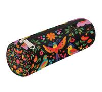Dusviba Astuccio cilindrico rotondo con motivo uccellini messicani, portapenne, portatile, multiuso, per cancelleria, cosmetici, da viaggio, con cerniera, per bambini, adolescenti, adulti