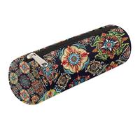 Dusviba Astuccio cilindrico rotondo con ornamenti etnici colorati, portapenne, portatile, multiuso, per cancelleria, cosmetici, da viaggio, con cerniera, per bambini, adolescenti, adulti