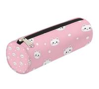 Dusviba Astuccio cilindrico rotondo con simpatico volto di gatto a pois, portapenne, portatile, multiuso, per cancelleria, cosmetici, da viaggio, con cerniera, per bambini, adolescenti, adulti