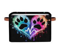 Dusviba Bear Paw - Cesto portaoggetti in tessuto con stampa a cuore colorato, con manici in pelle, pieghevole, con coperchio, per vestiti, giocattoli, biancheria, grande, leggero, spazioso, 38 x 28 x