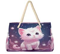 Dusviba Bella borsa da spiaggia con gatto cielo stellato grande borsa da spiaggia con cerniera impermeabile a prova di sabbia borsa da spiaggia con manici in corda tasche multiple per donne viaggi
