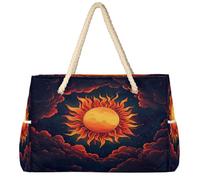 Dusviba Borsa da spiaggia Boho con sole, fiamme e nuvole, con cerniera, impermeabile, a prova di sabbia, con manici in corda, tasche multiple per donne, viaggi, piscina, palestra, famiglia, vacanze