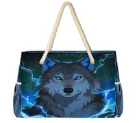 Dusviba Borsa da spiaggia etnica con lupo animale grande borsa da spiaggia con cerniera impermeabile a prova di sabbia borsa da spiaggia con manici in corda tasche multiple per donne viaggi piscina