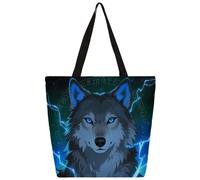 Dusviba Borsa larga da donna, in tela, con motivo etnico con lupo, ampia e aperta, riutilizzabile, con tasca interna con cerniera, casual, per shopping, lavoro, viaggi, idea regalo