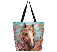 Dusviba Borsa larga da donna, in tela, con stampa di cavalli, fiabe e fiori, borsa a tracolla riutilizzabile con tasca interna con cerniera, borsa casual per shopping, lavoro, viaggi, idea regalo