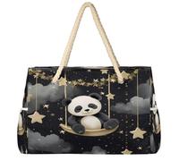 Dusviba Borsa larga da spiaggia con grazioso panda e cielo stellato, con cerniera, impermeabile, a prova di sabbia, con manici in corda, tasche multiple per donne, viaggi, piscina, palestra, famiglia