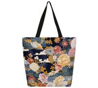 Dusviba Borsa larga in tela con fiori e piante giapponesi, da donna, ampia e aperta, riutilizzabile, con tasca interna con cerniera, casual, shopping, lavoro, viaggi, idea regalo