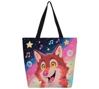 Dusviba Borsa larga in tela con lupo arcobaleno e cartone animato, grande, aperta, riutilizzabile, con tasca interna con cerniera, casual, shopping, lavoro, viaggi, idea regalo