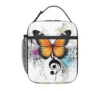 Dusviba Borsa termica per il pranzo per bambini con motivo retrò con farfalla e note musicali, riutilizzabile, leggera, con tracolla, per scuola, viaggi, picnic, spiaggia