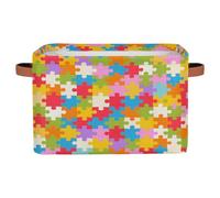 Dusviba Cestino portaoggetti in tessuto con motivo puzzle autismo, con manici in pelle, contenitore pieghevole con coperchio, per vestiti, giocattoli, lavanderia, grande, leggero, spazioso, organizer