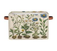 Dusviba Cesto portaoggetti in tessuto con motivo a margherite antiche, con manici in pelle, pieghevole, con coperchio, per vestiti, giocattoli, biancheria, grande, leggero, spazioso, 38 x 28 x 24,6 cm