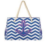 Dusviba Grande borsa da spiaggia blu con motivo a zigzag e ancora, con cerniera, impermeabile, a prova di sabbia, con manici in corda, tasche multiple per donne, viaggi, piscina, palestra, famiglia