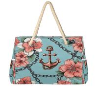 Dusviba Grande borsa da spiaggia vintage con motivo floreale e ancora, con cerniera, impermeabile, a prova di sabbia, con manici in corda, tasche multiple per donne, viaggi, piscina, palestra