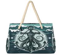 Dusviba Grande borsa da spiaggia vintage con stampa di polipo oceano e ancora, con cerniera, impermeabile, a prova di sabbia, con manici in corda, tasche multiple per donne, viaggi, piscina, palestra