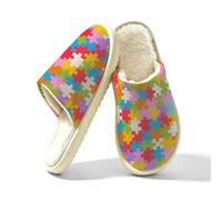 Dusviba Pantofole da casa per interni con motivo a puzzle autismo, per donne e uomini, calde pantofole foderate in peluche, scarpe da camera da letto con suola spessa antiscivolo in EVA, comode scarpe