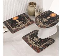 Dusviba Set di 3 tappeti da bagno con scheletro e sole in stile bohémien | Tappetino da bagno antiscivolo con tappetino da bagno e copertura per coperchio, in morbida flanella assorbente