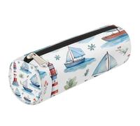 Dusviba Waterclor - Astuccio cilindrico rotondo con faro a forma di barca a vela, portapenne, portatile, multiuso, per cancelleria, cosmetici, da viaggio, con cerniera, per bambini, ragazzi e adulti