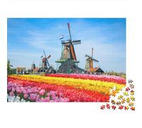 Dutch Windmill Jigsaw Puzzle 1000 Pezzi Riciclabile Carta Tulip Field Puzzle for Adultoi Divertente And Stimolante Famiglia Gioco Regalo for Uomini‘s Compleanno 52x38cm/1000pcs