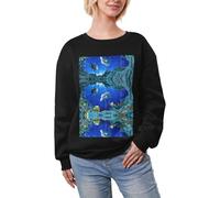 DUWAA 3d Underwater World Fish Dolphi Stampa Super Caldo Casual Girocollo Pullover, Donna Manica Lunga Felpa Pesante Inverno Top, Nero , L