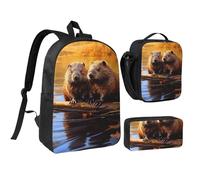 DUWAA Beaver Working3 - Zaino con stampa 3 pezzi, include una grande borsa per libri da 43 cm, con borsa per il pranzo e pratica borsa per le penne, Nero, One Size