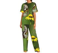 DUWAA Bella farfalla incandescente 1 stampa Womens Lounge Set, comodo pigiama a maniche corte pigiama set per uso quotidiano domestico S-3xl, Nero , L
