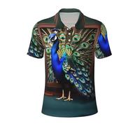 DUWAA Belle camicie da golf degli uomini della stampa dell'immagine del pavone, polo di sport, maglietta hawaiana della manica corta di assorbimento dell'umidità, nero, L