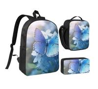 DUWAA Bellissimo zaino blu con stampa di farfalle 2, set da 3 pezzi, include una grande borsa per libri da 43 cm con borsa per il pranzo e pratica borsa per le penne, Nero, One Size