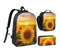 DUWAA Bellissimo zaino con stampa girasole 1, set da 3 pezzi, include una grande borsa per libri da 43 cm con borsa per il pranzo e pratica borsa per le penne, nero, Taglia unica