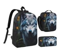 DUWAA Blue Eyes Wolf1 - Set di 3 zaini con stampa di Wolf1, include una grande borsa per libri da 43,2 cm con borsa per il pranzo e pratica borsa portapenne, Nero, taglia unica