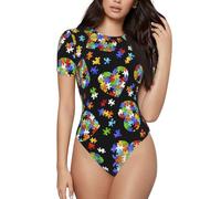 DUWAA Body a maniche corte con stampa a forma di cuore per la consapevolezza dell'autismo, magliette elastiche di base con scollo rotondo per donne, Nero , S