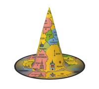 DUWAA Cappello da strega con mappa della Germania con stampa colorata, cappello da strega, cappello da strega, cappello da strega per Halloween, donna, adulto, uomo, costume da strega, accessorio per