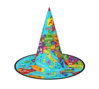 DUWAA Colorato mappa dell'Europa con icona stampa cappello strega streghe cappelli Halloween donne adulti mago uomo costume cosplay party accessorio - 1 pezzo