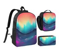 DUWAA Cool Music sound wave stampa zaino set casual borsa a tracolla borsa pranzo penna sacchetto 3 in 1 set 17 pollici per donne uomini college, nero, Taglia unica