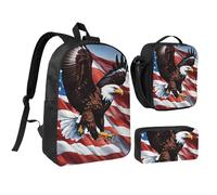 DUWAA Eagle with USA Flag print Backpack 3pcs Set compreso 17 Inch Large Bookbag con borsa pranzo e pratica borsa portapenne, nero, taglia unica, Nero, taglia unica
