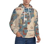 DUWAA Felpa con cappuccio da uomo con stampa della mappa della Svezia con vari Illus, felpa con cappuccio a maniche lunghe, felpe invernali per adulti, Nero , L