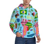 DUWAA Felpa con cappuccio da uomo con stampa mappa del Sud America con icone, felpa con cappuccio a maniche lunghe con coulisse, felpe invernali per adulti, Nero , 3XL