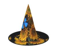 DUWAA Girasoli gialli con stampa di farfalle blu, cappello da strega, cappello da strega, cappello da strega, per Halloween, donna, adulto, costume da mago, accessorio per cosplay, feste, 1 pezzo