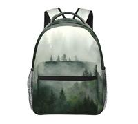 DUWAA Green Tree Misty Landscape Print Borsa a tracolla con 1 grande, 1 frontale e 2 tasche laterali, zaino per libri impermeabile per adulti