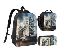 DUWAA Historic Old Tower Bridge London, set da 3 pezzi, include una grande borsa per libri da 43 cm con borsa per il pranzo e pratica borsa portapenne, nero, taglia unica, Nero, taglia unica
