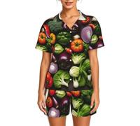 DUWAA Introduzione di varie verdure stampa pigiama donna button down due pezzi indumenti da notte estate loungewear, Nero , L
