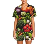DUWAA Introduzione di varie verdure stampa pigiama donna button down due pezzi indumenti da notte estate loungewear, Nero , 5XL